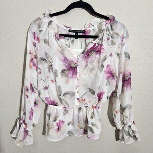 White House Black Market Blouse 0 Petite  Floral Sheer Ruffle Button Cami